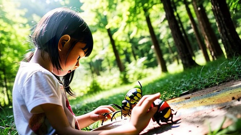 Children playing with beautiful insects in the countryside、
