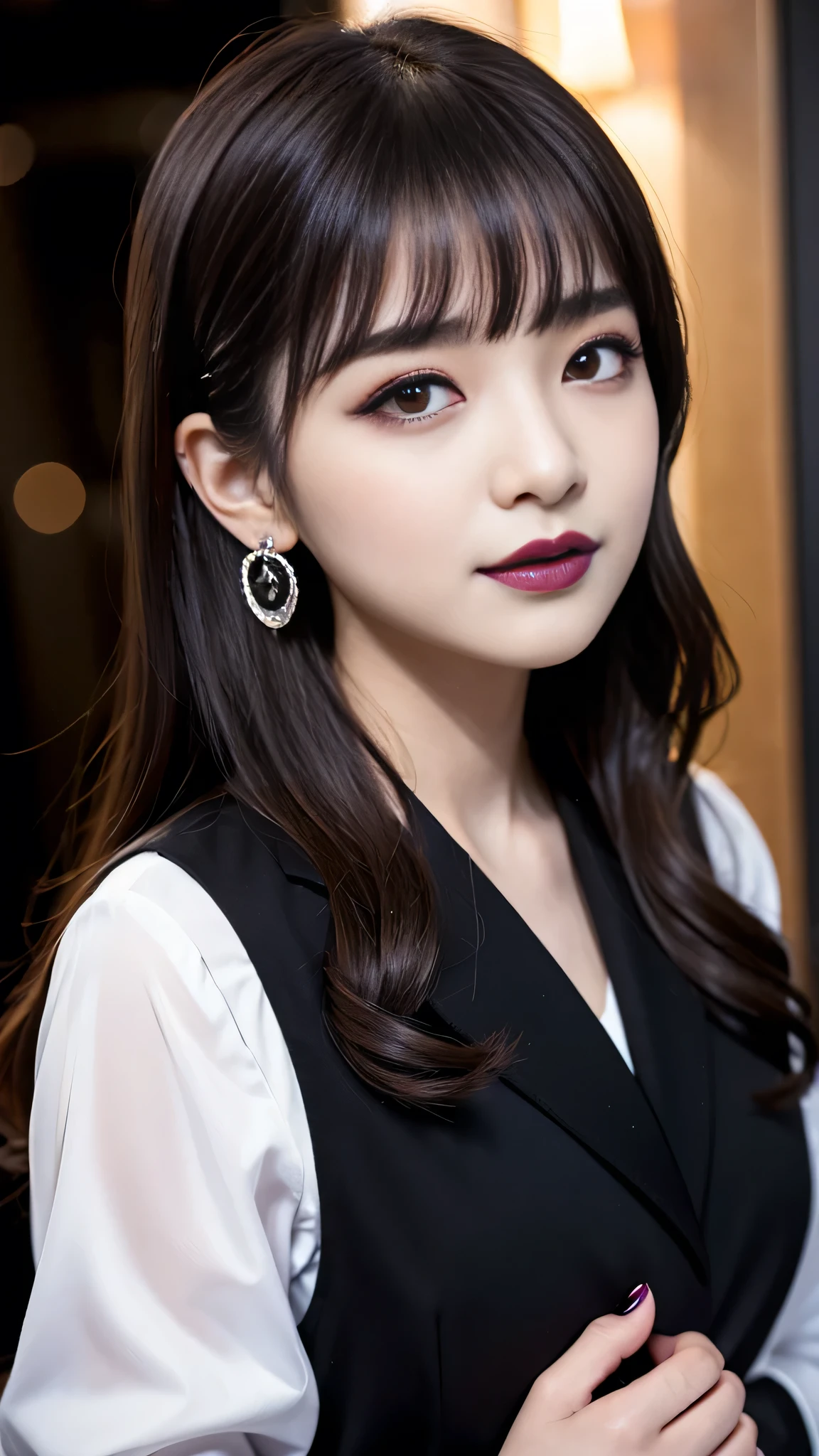 best quality、ultra-detailed、4k、Japanese、Seductive beauty、seductive adult woman、Pretty Woman、cool girl、Villainess、Brainwashed、brainwash、Fallen into evil、smirk、Evil look、Wicked Smile、evil、Brown hair、wavy hair、swept bangs、dark makeup、dark makeup、piercing eyes、hollow eyes,half-closed eyes、Hollow Eyes、purple Eyeshadow、black lipstick、black lipglos、uniform、blazer、White Shirt、Black Ribbon、flare skirt、night、inside darkroom、Has a switch、Emblem of Evil、Crest of Darkness、Swear allegiance、I have pledged my allegiance、Dye black、Blackening、Stained with evil、Dyed in darkness、Whisper in my ear