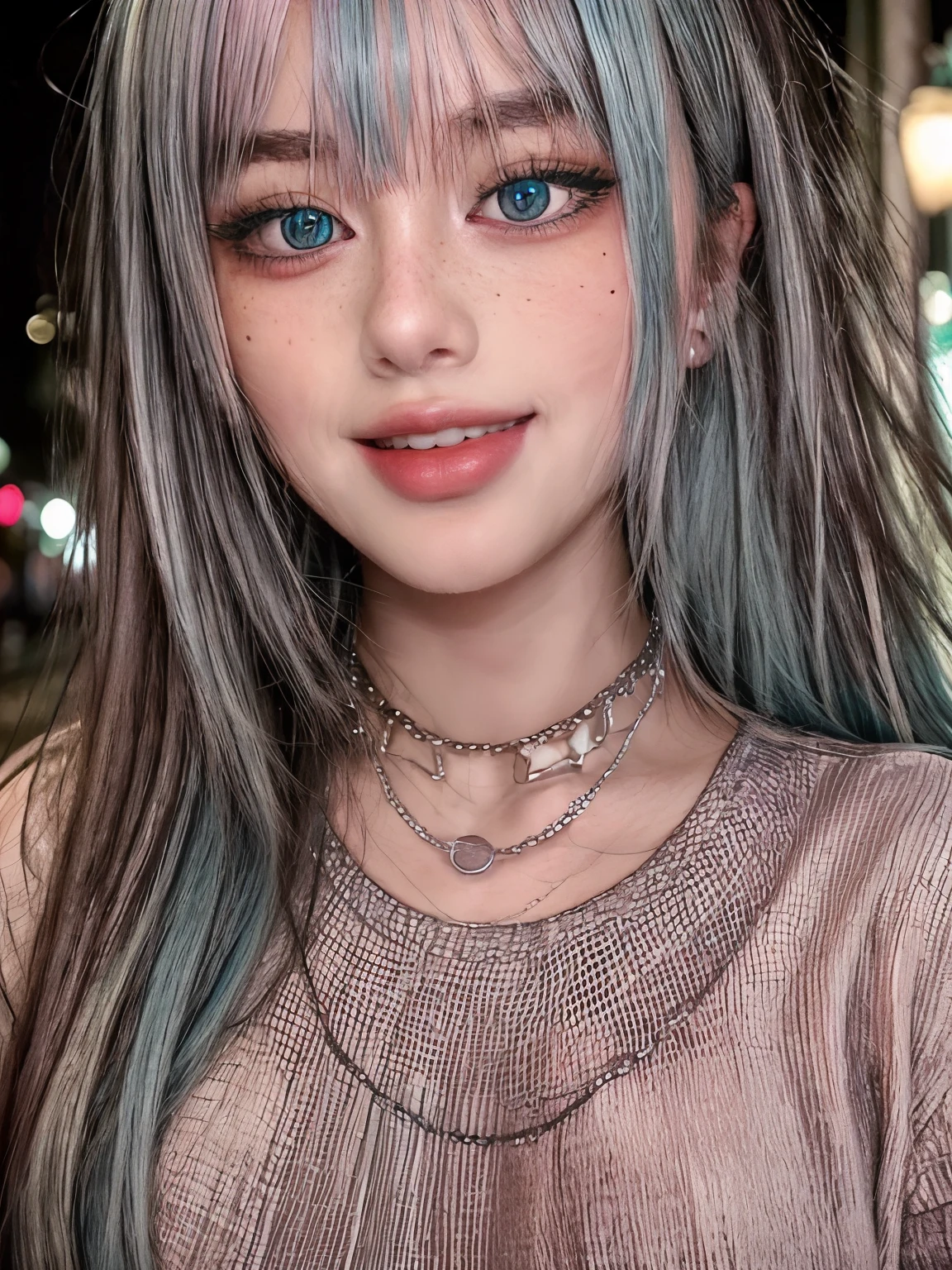 masterpiece, best quality,realistic,absurdres,1girl,looking at viewer,egirl_face, night, street, face detail, face retouch, massive breasts, smiling, laughing, wispy bangs, chains, blush, freckles, aqua hair, full body view