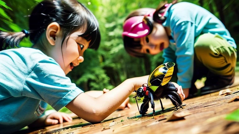 Children playing with beautiful beetles in the forest、Children playing with beautiful beetles in the forest、