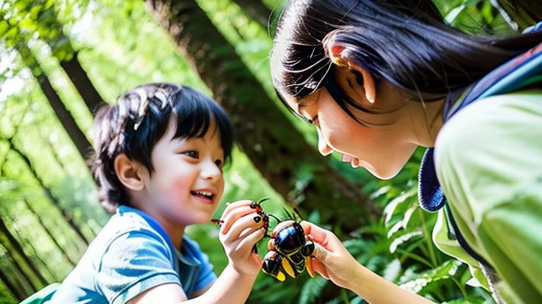Children playing with beautiful beetles in the forest、Children playing with beautiful beetles in the forest、