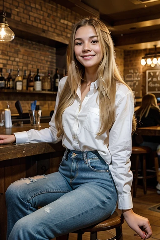 light blonde small face long hair girl wearing jeans and shirt sitting in a bar smiling