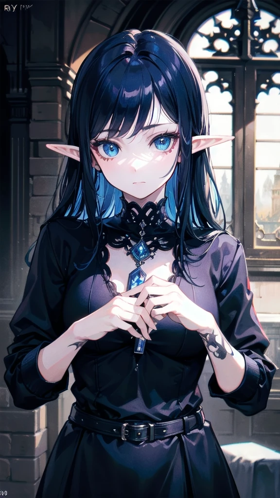 RAW, professional photograph, medium shot, photorealistic, hyper-realistic, ray tracing, super detail, UHD, 8k, female elf, twenty years old, athletic body, soft facial features, long hair, straight hair, blue hair, blue eyes, gothic style, gothic clothing, dark Castle, gothic architecture,