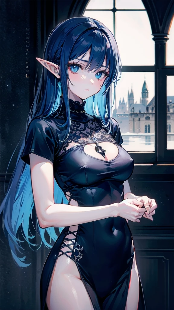 RAW, professional photograph, medium shot, photorealistic, hyper-realistic, ray tracing, super detail, UHD, 8k, female elf, twenty years old, athletic body, soft facial features, long hair, straight hair, blue hair, blue eyes, gothic style, gothic clothing, dark Castle, gothic architecture,