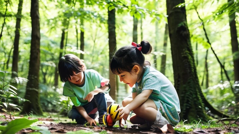 Children playing with beautiful beetles in the forest、Children playing with beautiful beetles in the forest、