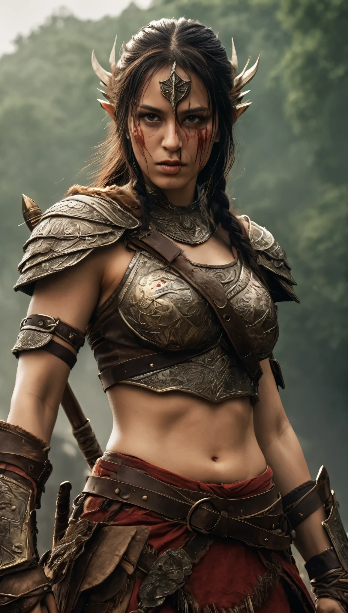 (full silhouette:1.5), (wide angle:1.5), (low angle shot:1.3), fantasy,Slavic pagan female warrior,simple leather armor,axes,painted face by mud,muscular, battle cry,sexy but menacing look,battle chaos, mythical animal, (best quality,4k,8k,highres,masterpiece:1.2),ultra-detailed,(realistic,photorealistic,photo-realistic:1.37),portraits,sharp focus,physically-based rendering,HDR,studio lighting,lush greenery,mystical atmosphere,dark clouds,dramatic lighting,warrior tribal tattoos,ancient symbols,battle scars,flowing hair,bloodstained battlefield,splashes of red,thunder and lightning,lit torches,dusty battlefield, Cinematic Shot