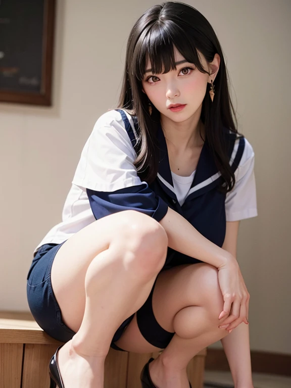Big Breasts, Big Hips, Full Body Shot, Mature mother, Voluptuous thighs, ox, Seductive mature woman, Perfect body, Plus Size Model, Sailor suit, Wearing high heels,