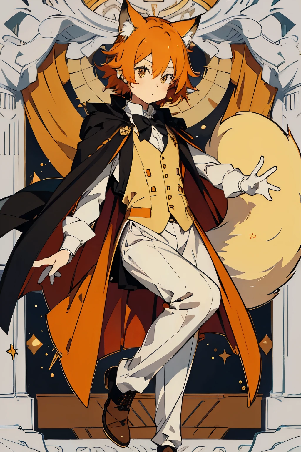 anime guy, orange fluffy hair, yellow eyes, fox ears, shirt, brown vest, bow tie, boots, cape, white gloves, butler outfit, ((best quality)), ((highly detailed)), masterpiece, absurdres,