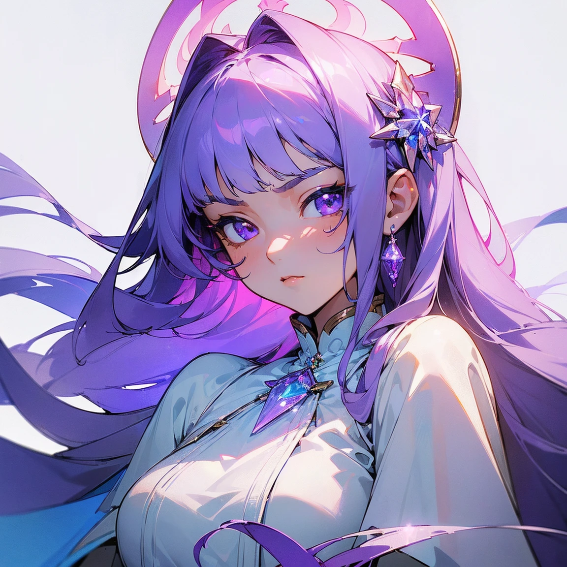 (masterpiece, top quality, best quality, official art, beautiful and aesthetic, absolutely-impressive-detail shadowing:1.2), 1 girl, Goddess, white skin, white blouse with dark purple details, cute, long silky smooth hair, periwinkle hair, very beautiful pretty face, sparkling nice detailed crystal clear purple eyes. (serious:1.2), (white background)