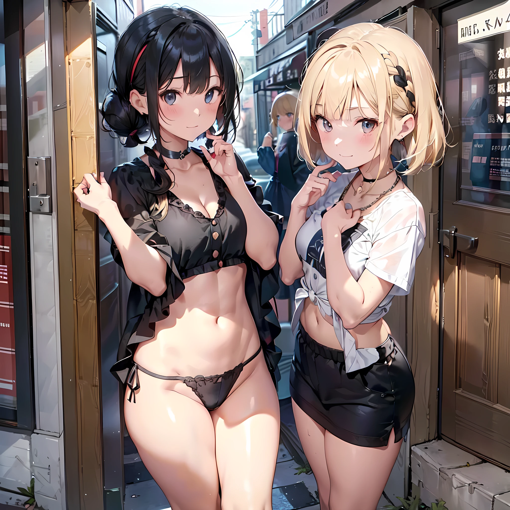 ((masterpiece, best quality, ultra quality, high quality, hyper detailed, intricate detailed, perfect anatomy, shiny skin)), ((three girls are sticking out their big butt boldly)), (body shot), (big butt), (At the hotel), (By the bed),  (smile, shy, red cheek, blush, Open your mouth:1.1), (slender), hair band, Headband, hair bobbles, brown hair, blond hair, navel, jewelry, looking at viewer, necklace, long hair, short hair, Abdominal muscles,  (Thong), straight hair, bob cut, blunt bangs, silky hair, jet black hair, hair clip, hair band, hair ribbon, one-length haircut, ducktail, outward curled hair, French twist hair, twintails, side ponytail, single braid, wavy hair, bangs pinned back,