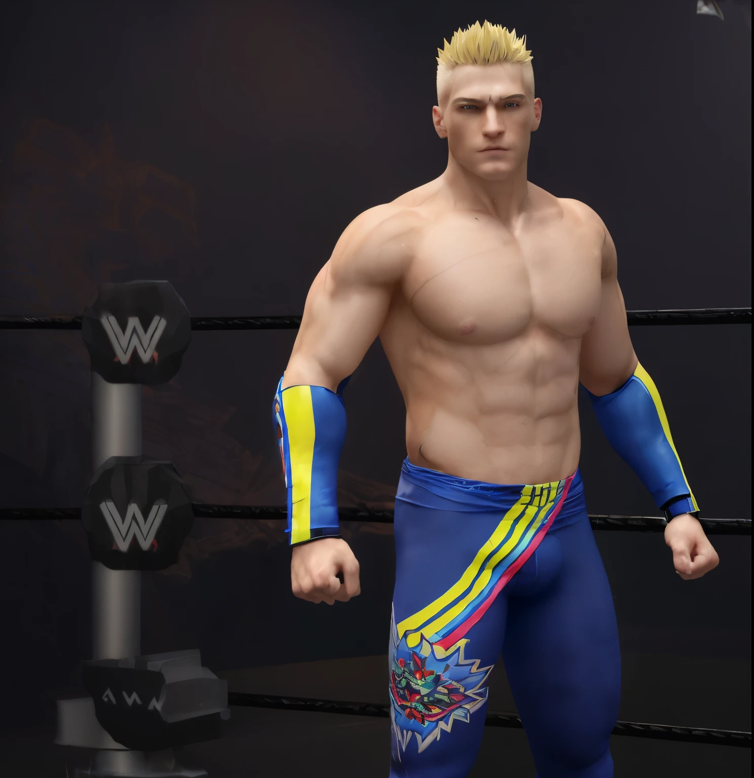 ultra realistic ,highly detailed ,male blonde short spiked hair, fit body, realistic body, realistic cloth best quality, wearing blue spandex tight with comic logo "ACTION" on right leg and colored stripe, wearing blue spandex wrist band colored stripe, ultra high res, (photorealistic:1.4), 8k resolution, (realistic hair:1.2), (realistic eyes:1.2)