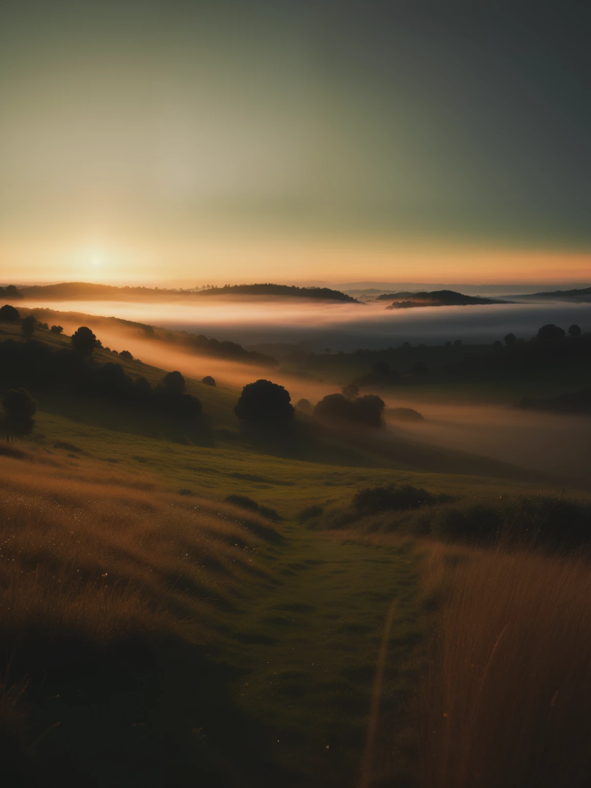 A misty morning over hills, Dew-drenched grass shimmering in the soft light of dawn., una vista serena y pintoresca, captured in an art style reminiscent of 35mm film. (ethereal atmosphere:0.9, atmospheric depth:0.7).