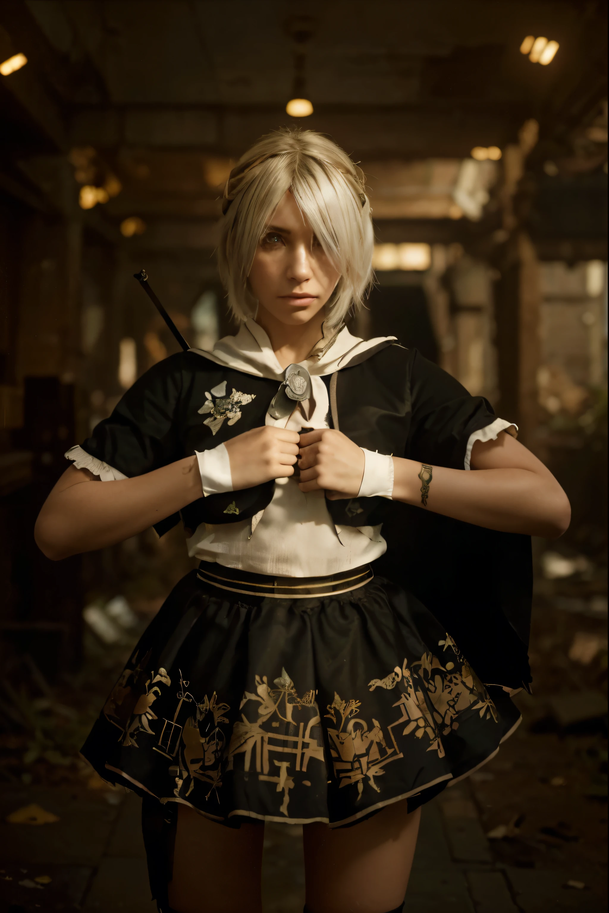 (Best quality, 8k, 32k, Masterpiece, UHD:1.2) Transform the setting of the picture into the "City Ruins" from Nier: Automata. Depict a desolate urban landscape overgrown with vegetation and littered with the remnants of civilization. Dilapidated buildings loom ominously in the background, their crumbling facades a stark contrast to the vibrant plant life reclaiming the streets. The atmosphere should be somber and melancholic, with shafts of sunlight breaking through the clouds to illuminate the scene in patches of soft golden light.