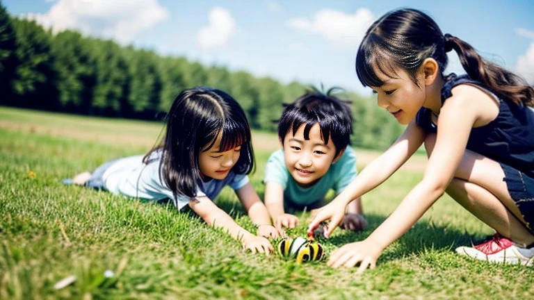 Children playing with beautiful beetles in the grassland、Children playing with beautiful beetles in the grassland、