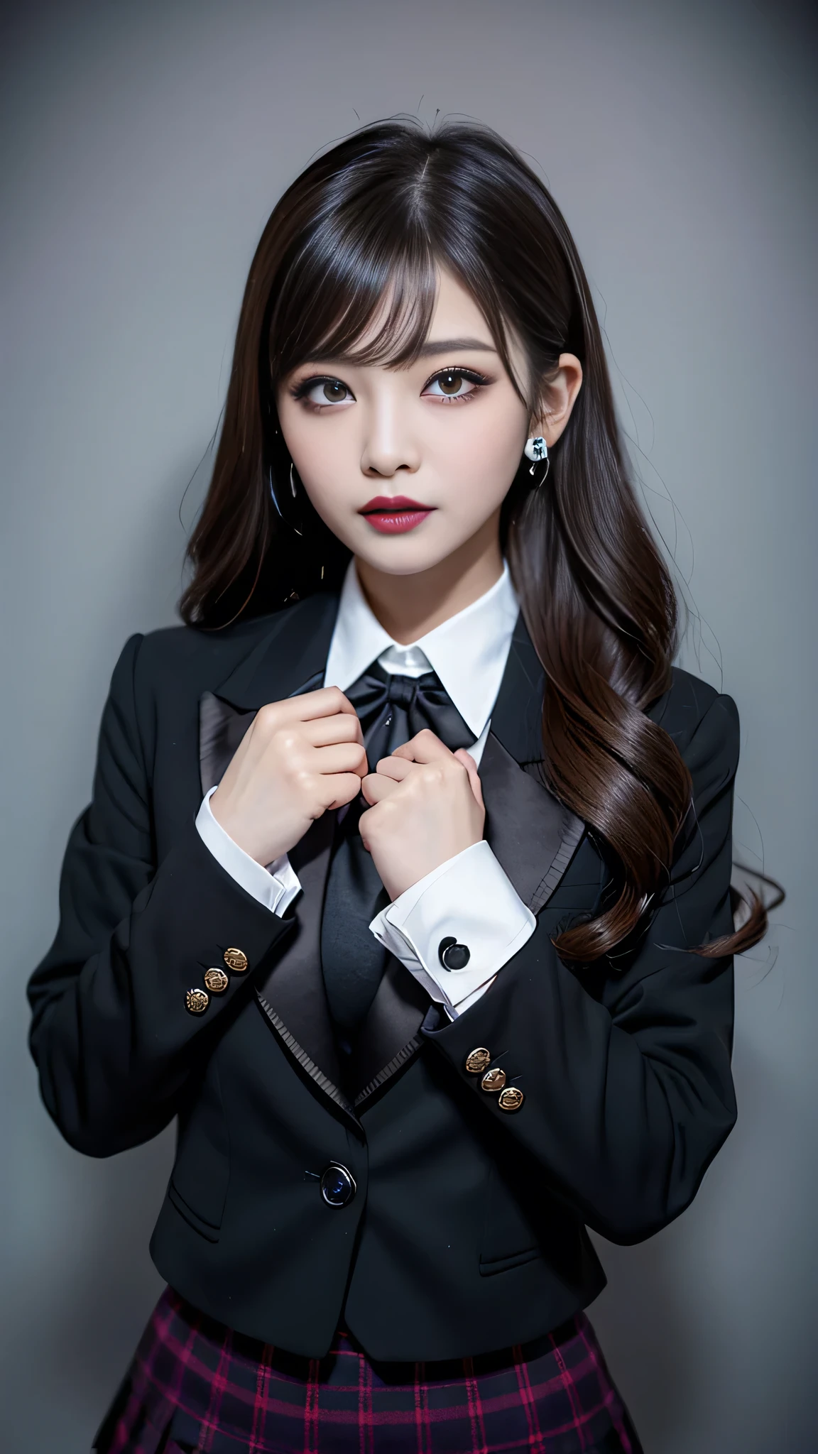 best quality、ultra-detailed、4k、Japanese、Seductive beauty、seductive adult woman、Pretty Woman、cool girl、Villainess、Brainwashed、brainwash、Fallen into evil、smirk、Evil look、Wicked Smile、evil、Brown hair、wavy hair、swept bangs、dark makeup、dark makeup、piercing eyes、hollow eyes,half-closed eyes、Hollow Eyes、purple Eyeshadow、black lipstick、black lipglos、uniform、blazer、White Shirt、Black Ribbon、flare skirt、night、inside darkroom、Has a switch、Emblem of Evil、Crest of Darkness、Swear allegiance、I have pledged my allegiance、Dye black、Blackening、Stained with evil、Dyed in darkness、Whisper in my ear