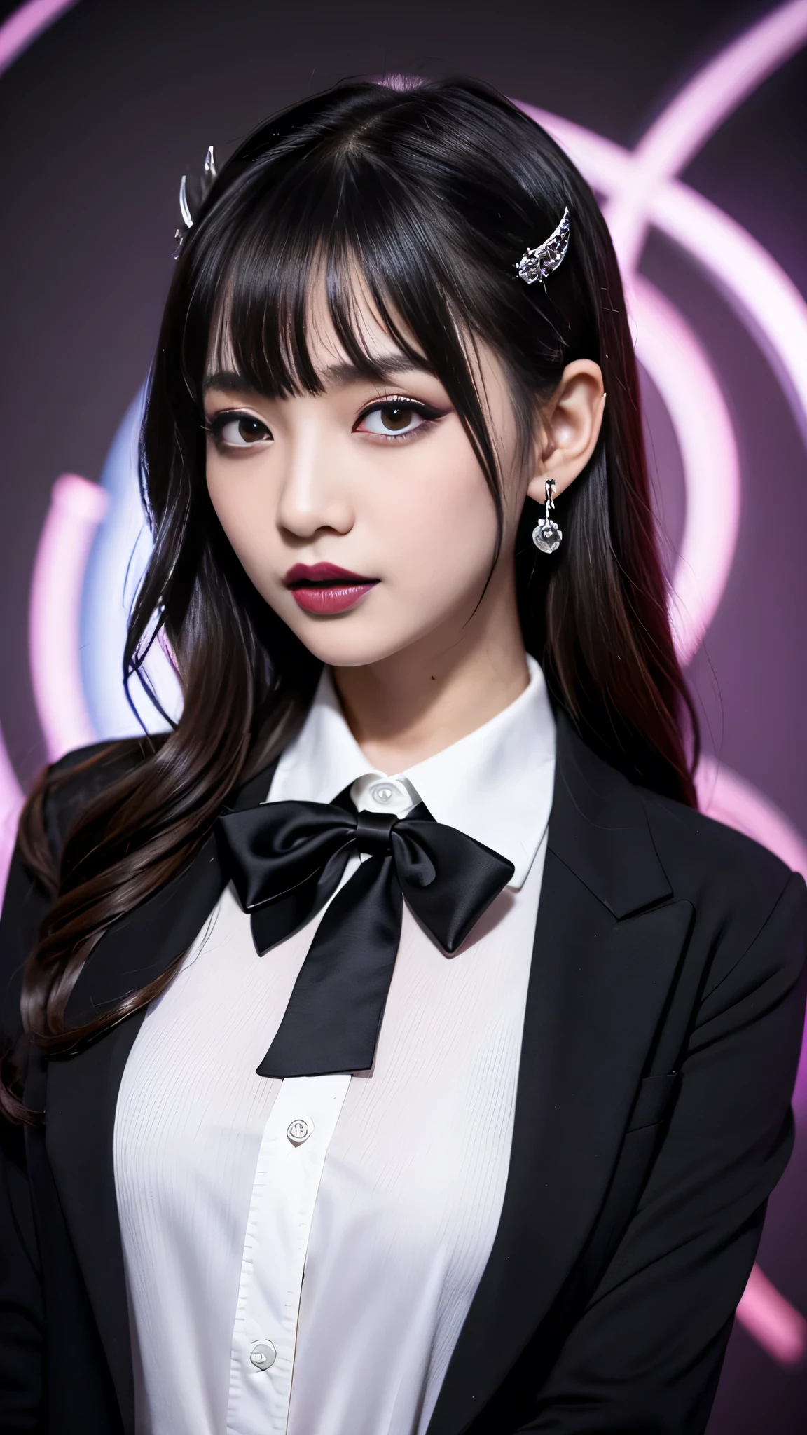 best quality、ultra-detailed、4k、Japanese、Seductive beauty、seductive adult woman、Pretty Woman、cool girl、Villainess、Brainwashed、brainwash、Fallen into evil、smirk、Evil look、Wicked Smile、evil、Brown hair、wavy hair、swept bangs、dark makeup、dark makeup、piercing eyes、hollow eyes,half-closed eyes、Hollow Eyes、purple Eyeshadow、black lipstick、black lipglos、uniform、blazer、White Shirt、Black Ribbon、flare skirt、night、inside darkroom、Has a switch、Emblem of Evil、Crest of Darkness、Swear allegiance、I have pledged my allegiance、Dye black、Blackening、Stained with evil、Dyed in darkness、Whisper in my ear