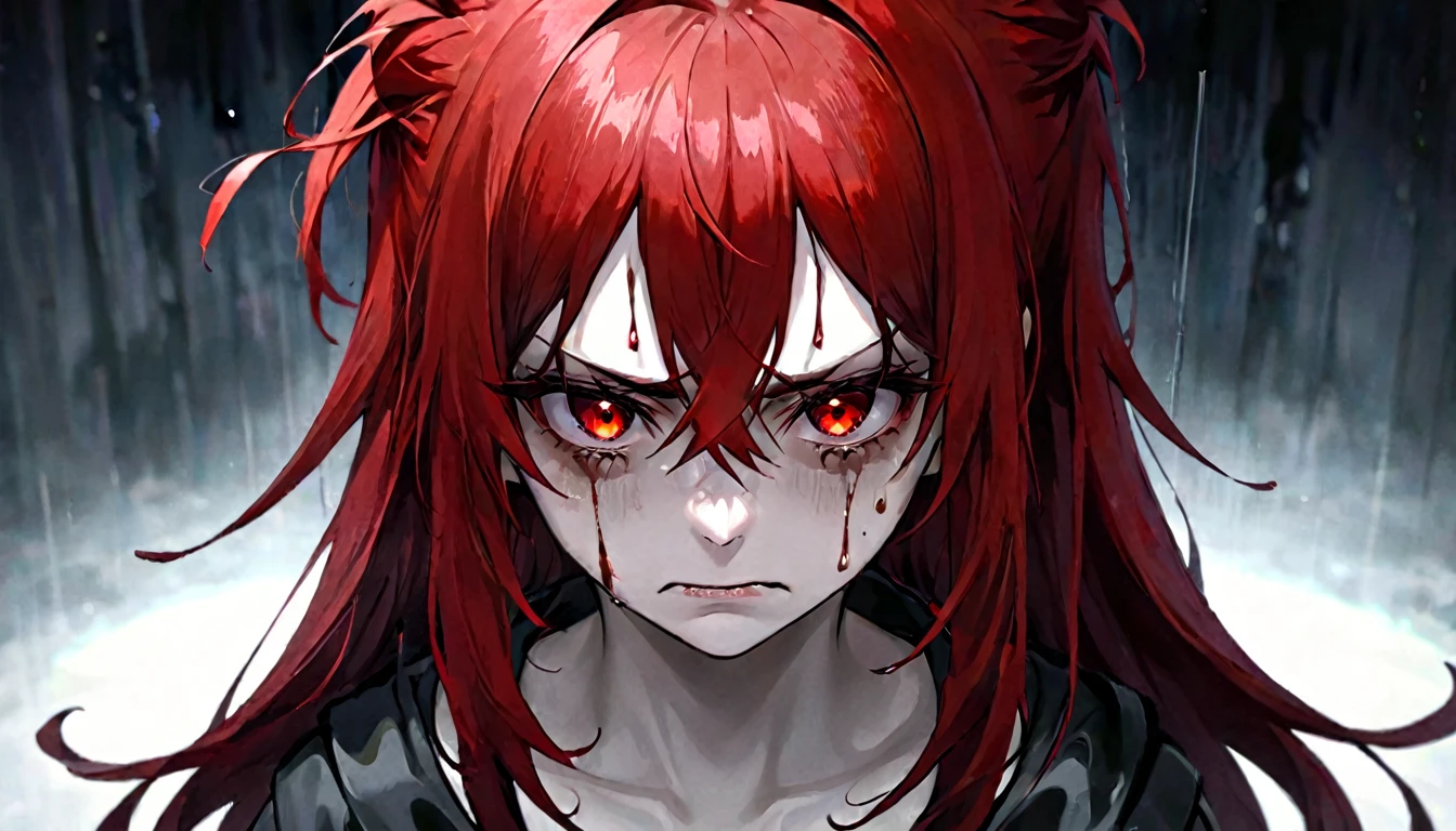 girl appearance with serious face, psychopathic look, does not smile looks sad, angry, red eyes, messy hair, traumatized, tears of blood