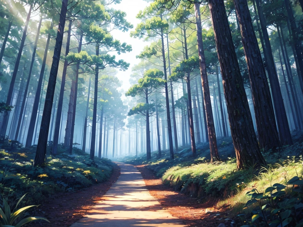 image of a forest with a path in the middle leading to the horizon anime style