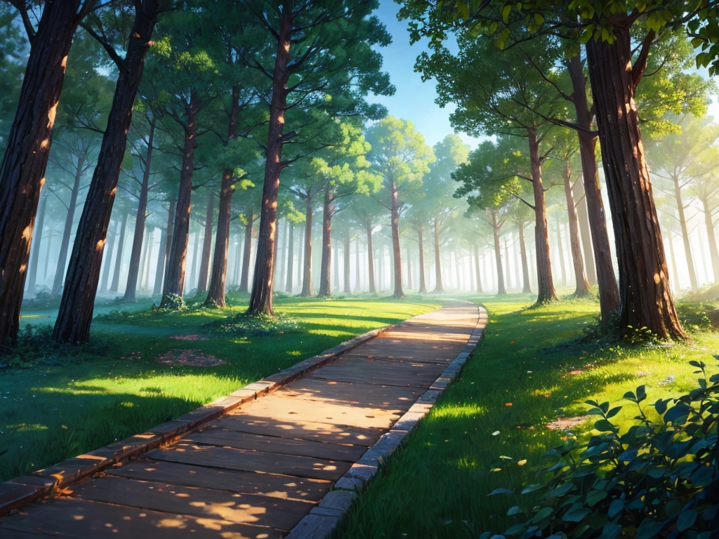 image of a forest with a path in the middle leading to the horizon anime style