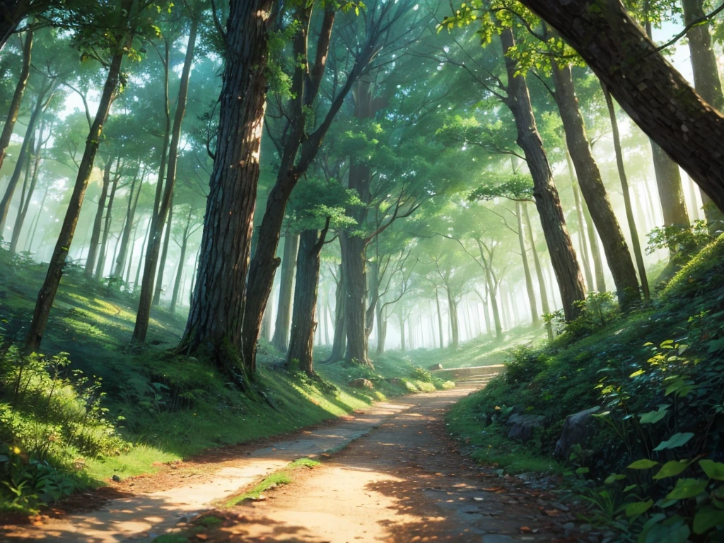 image of a forest with a path in the middle leading to the horizon anime style