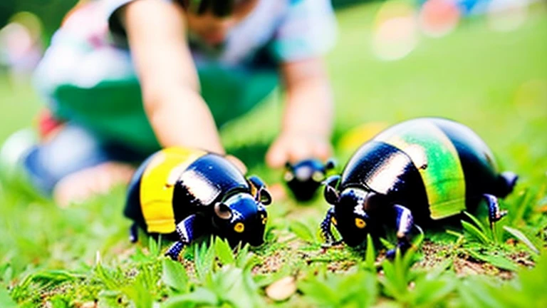 Children playing with beautiful beetles in the grassland、Children playing with beautiful beetles in the grassland、Mushi King