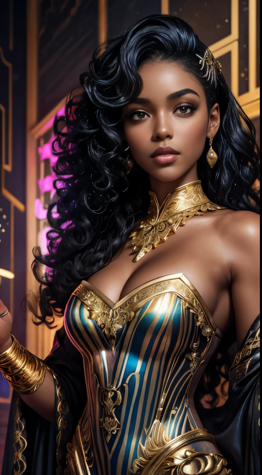 This is fantasy artwork. Generate a beautiful black girl with glossy and curly hair. (Her eyes should be a focal point of the image.) Her eyes are (((highly realistic))) and (((exquisitely detailed))). Her silk gown is elegant and soft. Use soft lighting with plenty of shimmer and glitter to create a soft, breath-taking picture. ((ringed eyes)), happy beautiful girl, against a romantic fantasy background, interesting pose, creative haircut, multicolor with gold and silver, ultra detail, neon light, ultra dynamic light, high quality, by Butcher Billy, Caia Koopman, Coby Whitmore