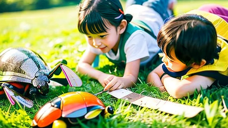 Children playing with beautiful beetles in the grassland、Children playing with beautiful beetles in the grassland、Mushi King