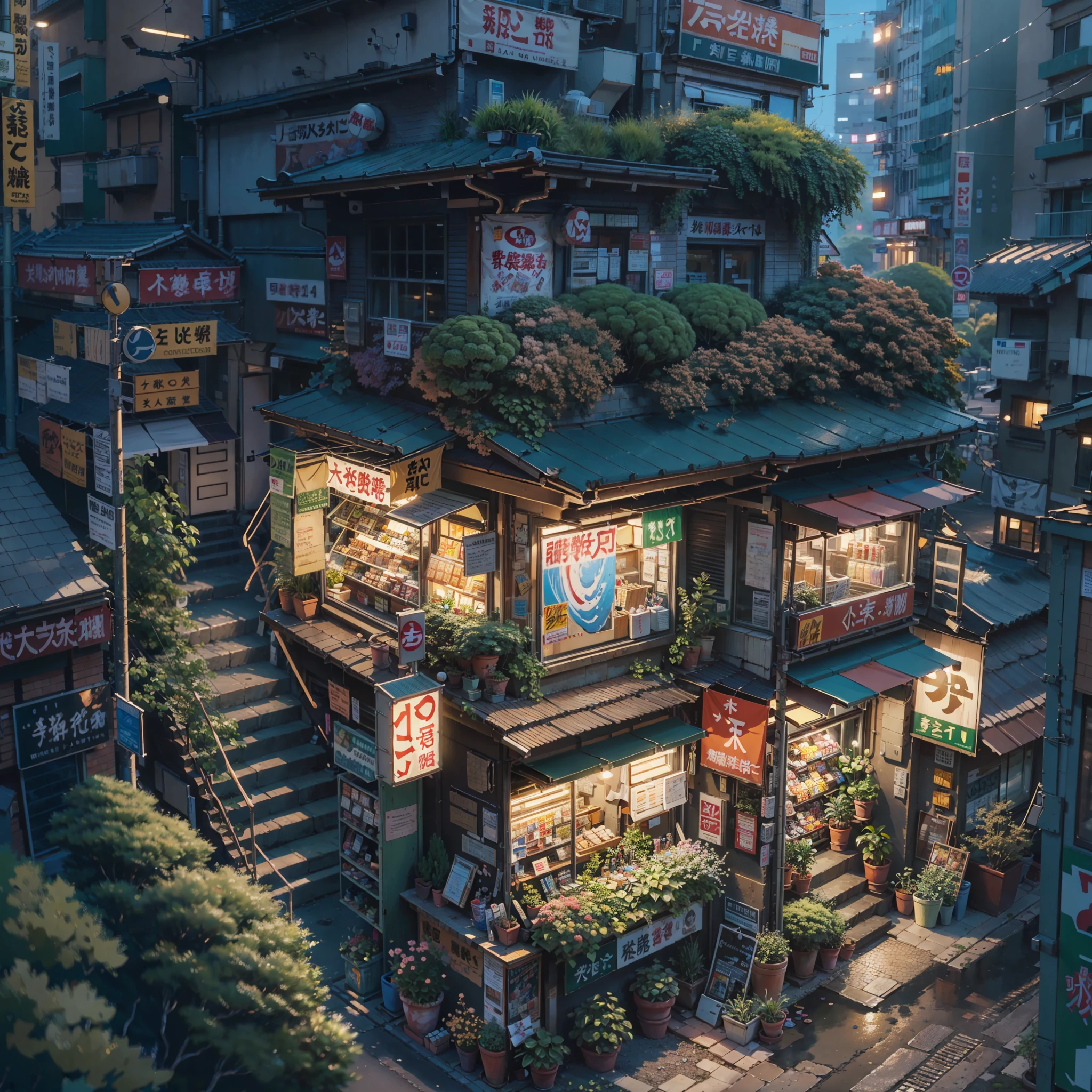 painting of a japanese street corner with an anime boy sitting on the roof of a building with his feet hanging off the edge, studio ghibli and dan mumford, by Kamagurka, detailed 4 k painting, beautiful detailed pixel art, convenience store, detailed anime artwork, tokyo anime scene, highly detailed digital painting, extra detailed, tokyo - esque town, very detailed digital painting, detailed painting 4 k, highly detailed 4 k painting