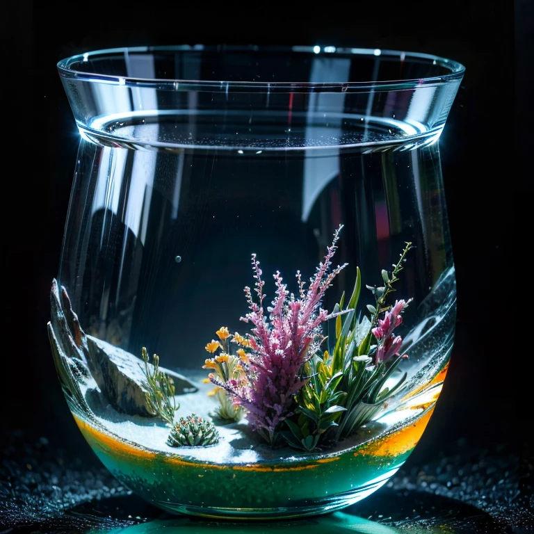 masterpiece, highest quality, Raw photo, The underwater world in a glass vessel, Fantasy, charm, Quietness, Lonely,