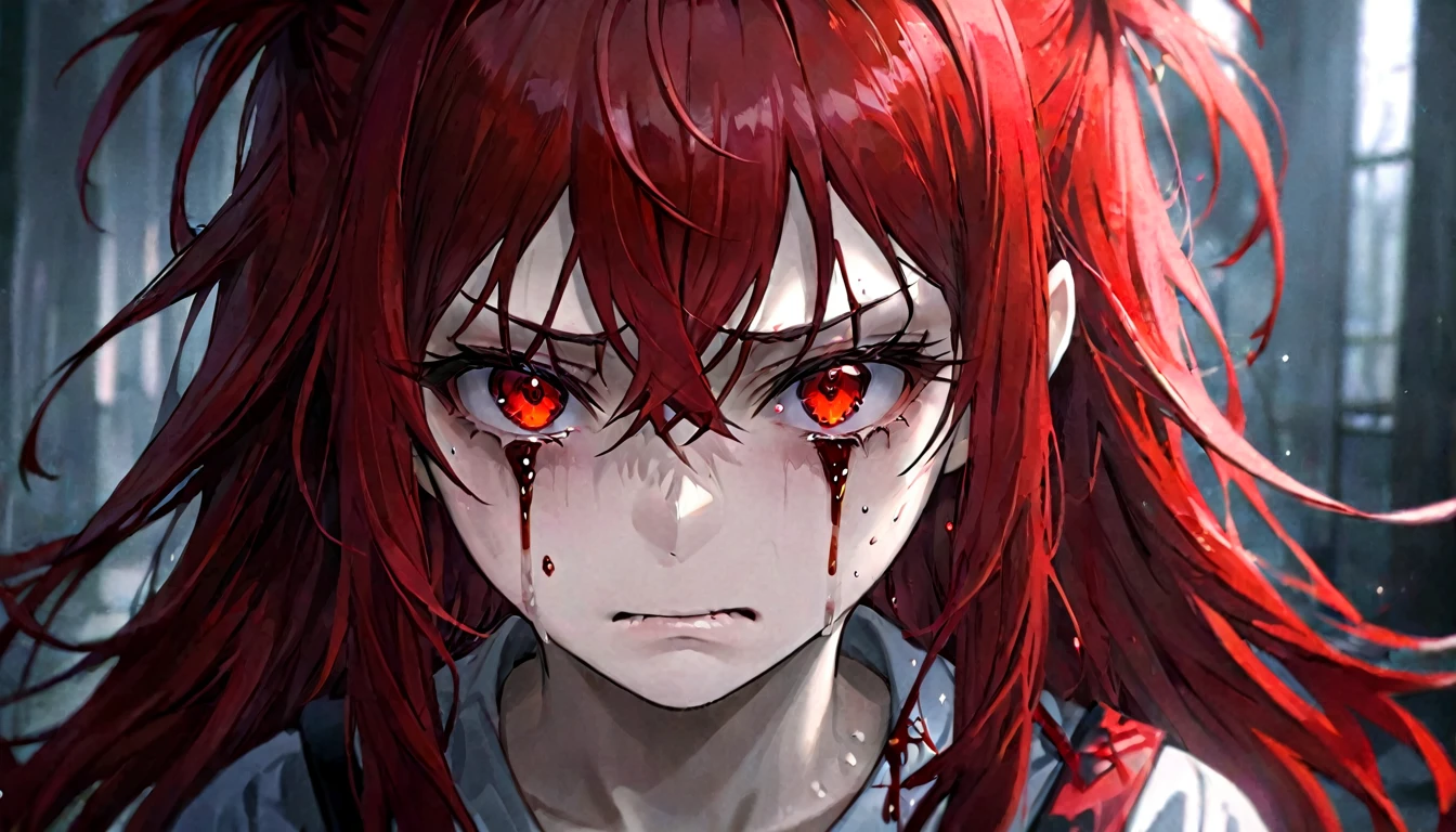 girl appearance with serious face, psychopathic look, does not smile looks sad, angry, red eyes, messy hair, traumatized, tears of blood