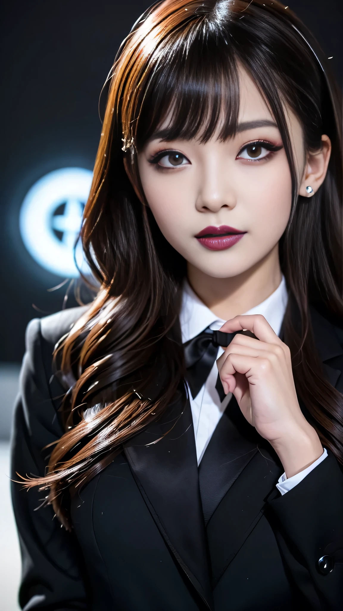 best quality、ultra-detailed、4k、Japanese、Seductive beauty、seductive adult woman、Pretty Woman、cool girl、Villainess、Brainwashed、brainwash、Fallen into evil、smirk、Evil look、Wicked Smile、evil、Brown hair、wavy hair、swept bangs、dark makeup、dark makeup、piercing eyes、hollow eyes,half-closed eyes、Hollow Eyes、purple Eyeshadow、black lipstick、black lipglos、uniform、blazer、White Shirt、Black Ribbon、flare skirt、night、inside darkroom、Has a switch、Emblem of Evil、Crest of Darkness、Swear allegiance、I have pledged my allegiance、Dye black、Blackening、Stained with evil、Dyed in darkness、Whisper in my ear