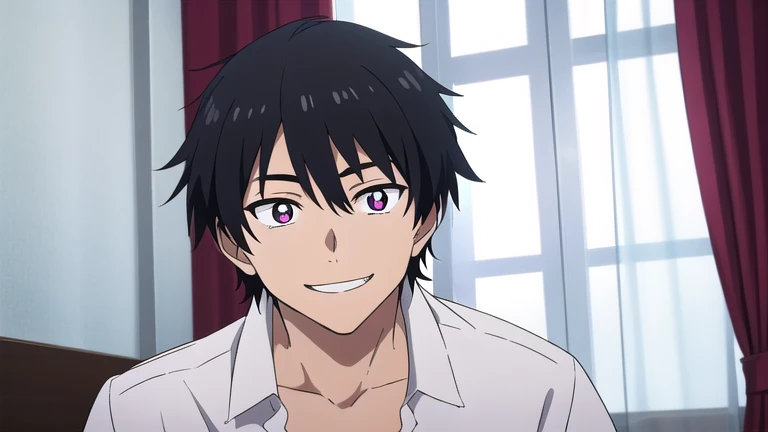 male, black hair, curtained hair, diamond-shaped pupils, seductive smile, alone