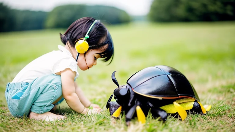Children playing with beautiful beetles in the grassland、Children playing with beautiful beetles in the grassland、Mushi King