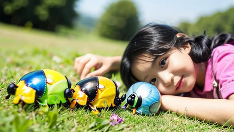 Children playing with beautiful beetles in the grassland、Children playing with beautiful beetles in the grassland、Colorful Mushiking