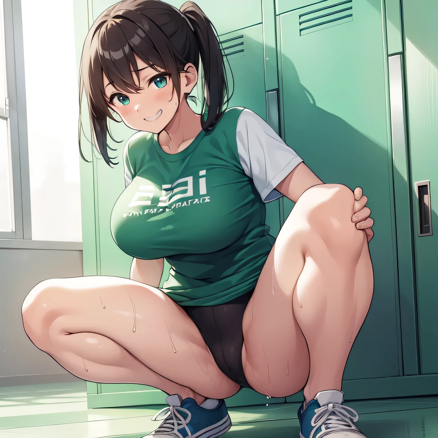 masterpiece、highest quality、One beautiful girl、Big Breasts、T-Shirts、green spats、Tuck a shirt into your spats、Grinning、Sweaty、Wet costume、Full body portrait、sneakers、locker room