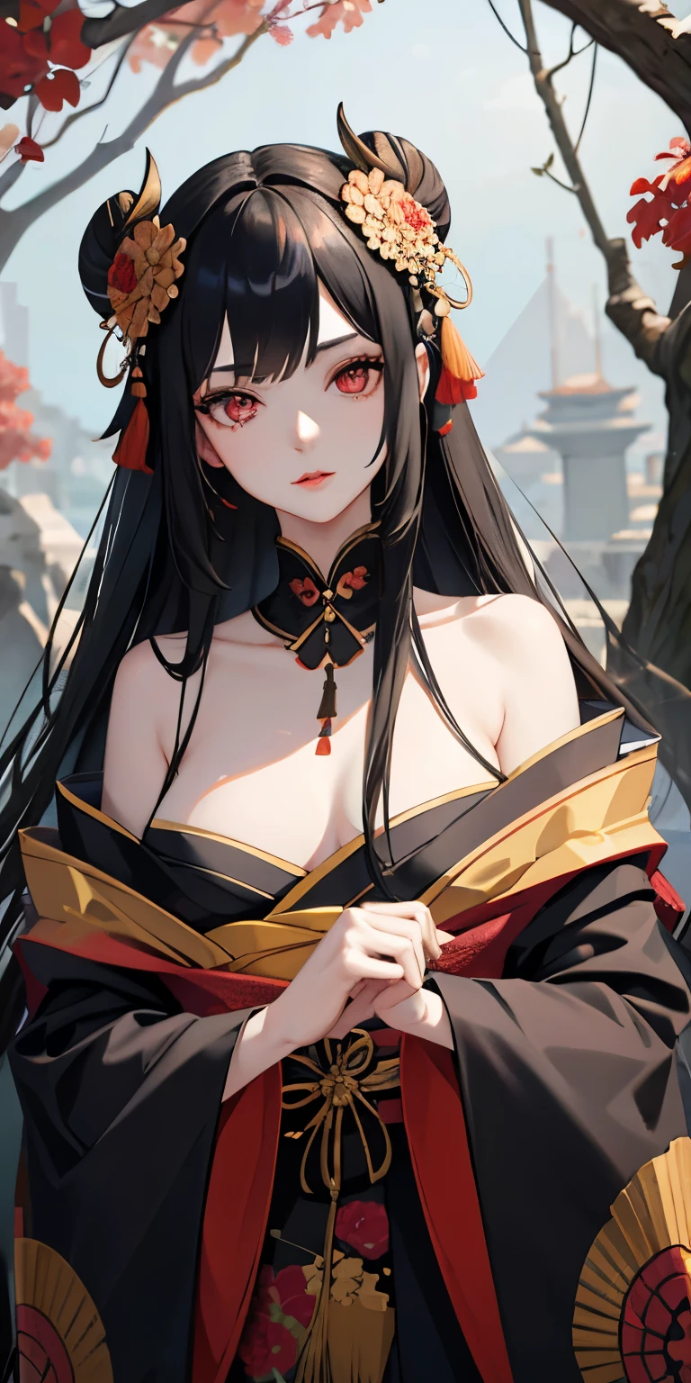 detailed, masterpiece, Female, 1 person, upper body, Fair skin, eyes, long hair, black hair, fringe, kimono, rosy lips, very thin,