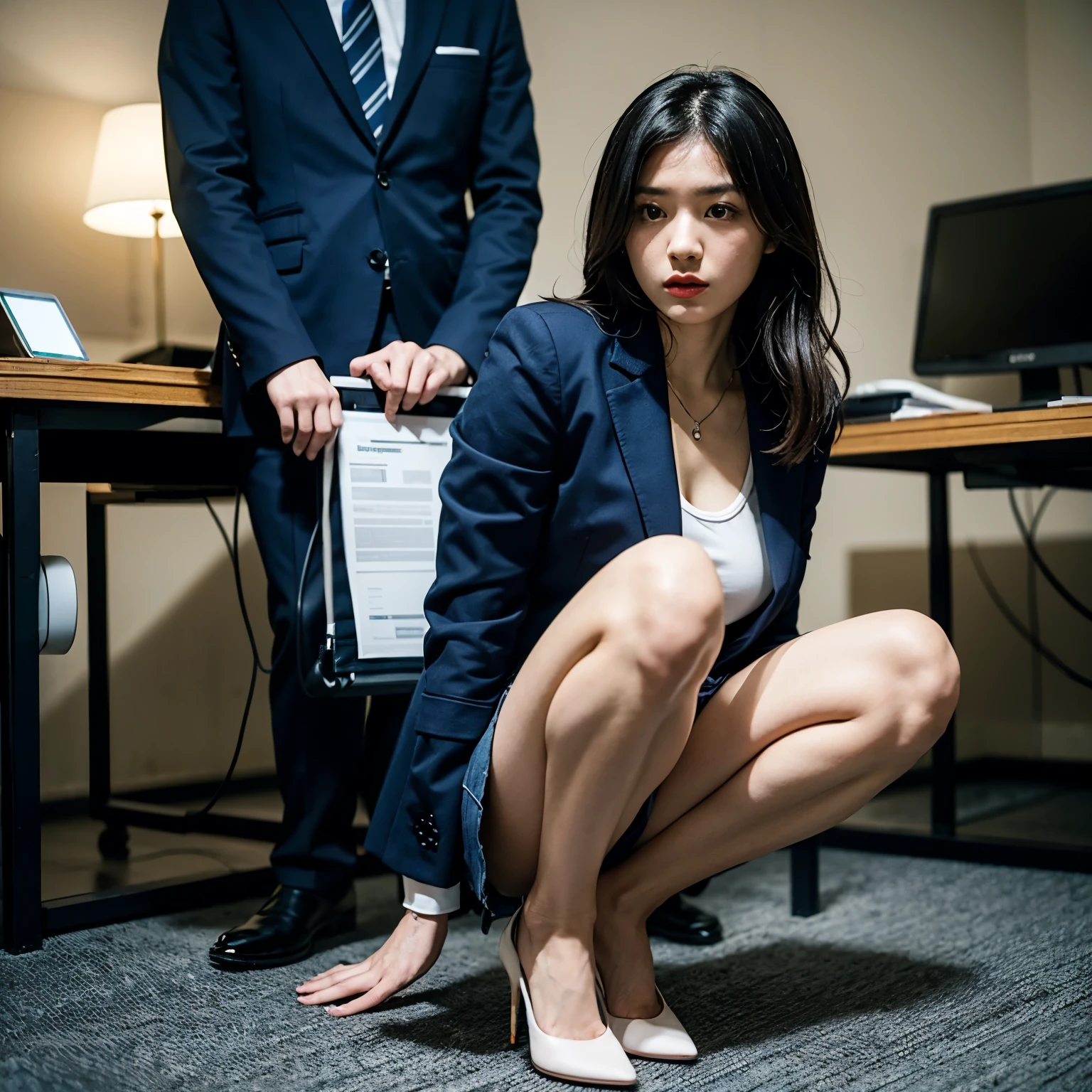 １主人公の美しいwoman、Age: 24、Height 164cm、Weight 48kg、Japanese、officeワーカーの服装、Black pumps、Navy Skirt、Navy blue jacket、White blouse、White panties、office、The protagonist sitting on the floor１woman、A male student behind、Gangbang、