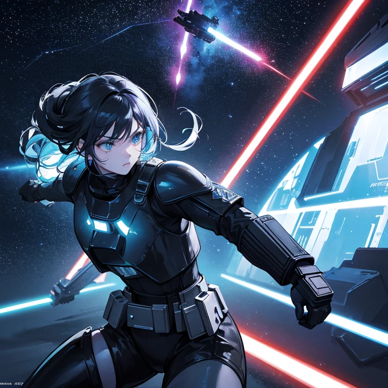 A cool StarWars Day picture with the following details: (best quality,4k,8k,highres,masterpiece:1.2),ultra-detailed,(realistic,photorealistic,photo-realistic:1.37), sci-fi, portraits, dark atmosphere, epic battle scenes, vivid lightsabers, futuristic technology, iconic characters such as Darth Vader and Luke Skywalker, intense emotions, dramatic expressions, galactic space backdrop, intense action, dynamic poses, cinematic composition, glowing energy effects, starry sky, laser blasters, spaceships, iconic StarWars symbols, intense color contrast, dramatic lighting, and epic storytelling.