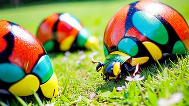 Children playing with beautiful beetles in the grassland、Children playing with beautiful beetles in the grassland、Colorful Mushiking