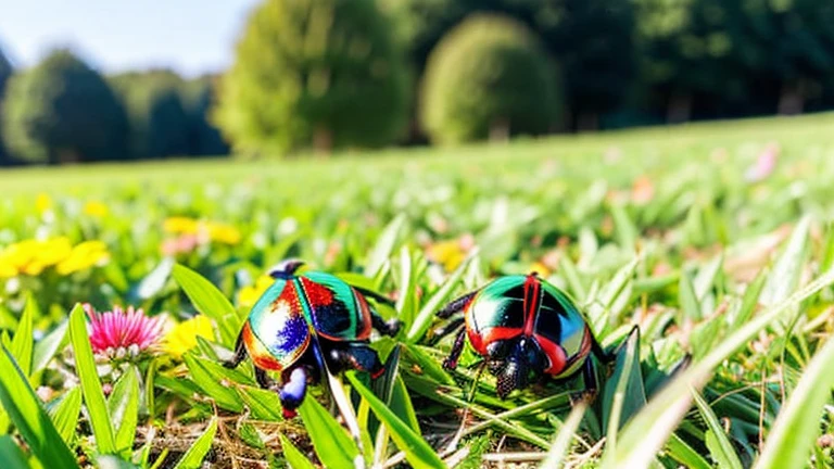 Children playing with beautiful beetles in the grassland、Children playing with beautiful beetles in the grassland、Colorful Mushiking