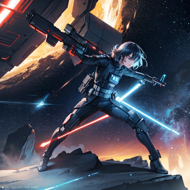 A cool StarWars Day picture with the following details: (best quality,4k,8k,highres,masterpiece:1.2),ultra-detailed,(realistic,photorealistic,photo-realistic:1.37), sci-fi, portraits, dark atmosphere, epic battle scenes, vivid lightsabers, futuristic technology, iconic characters such as Darth Vader and Luke Skywalker, intense emotions, dramatic expressions, galactic space backdrop, intense action, dynamic poses, cinematic composition, glowing energy effects, starry sky, laser blasters, spaceships, iconic StarWars symbols, intense color contrast, dramatic lighting, and epic storytelling.