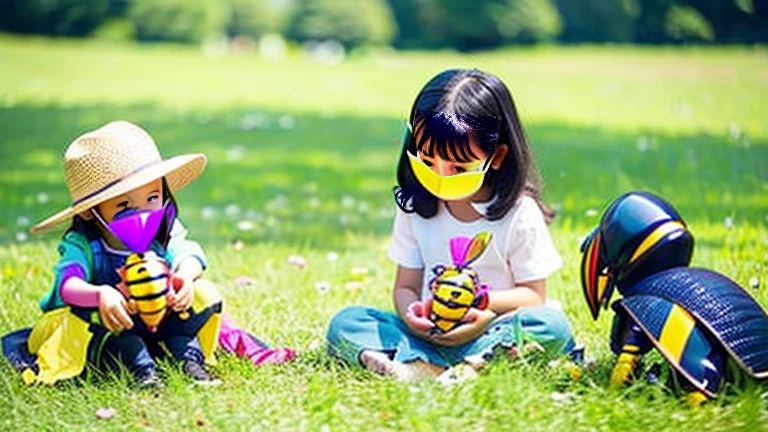Children playing with beautiful beetles in the grassland、Children playing with beautiful beetles in the grassland、Colorful Mushiking