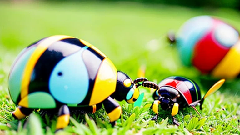 Children playing with beautiful beetles in the grassland、Children playing with beautiful beetles in the grassland、Colorful Mushiking