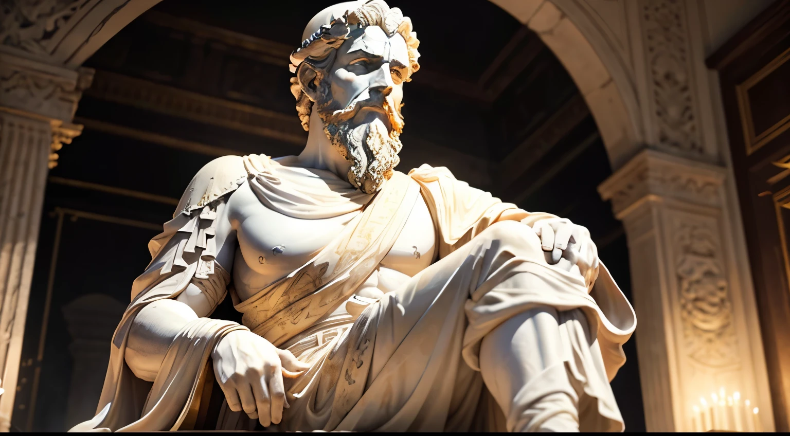 A realistic Greek white marble statue of Marcus Aurelius thoughtful detailed wearing a ghostly toga,neuter background, Moody, thoughtful, highly detailed, highly realistic, bright lights, 8 K