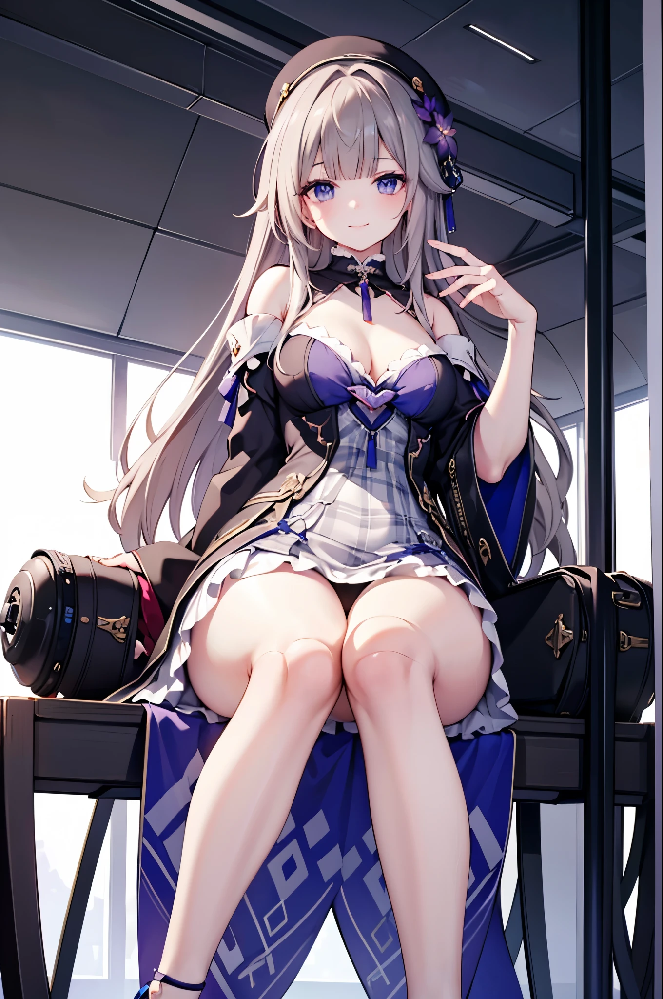 realistic image, detailed image, coherent image, 1 beautiful girl, she has very long hair, cream-colored hair. Her eyes are violet. Smiling expression. She is wearing a short dress with gray plaid, she has a curvy body, small breasts and thick thighs, she is sitting on her knees, arching her back. view from below. futuristic atmosphere, surrounded by robots, surrounded by flowers. Soft focus, Dramatic shadows, Volumetric lighting, natural lighting,