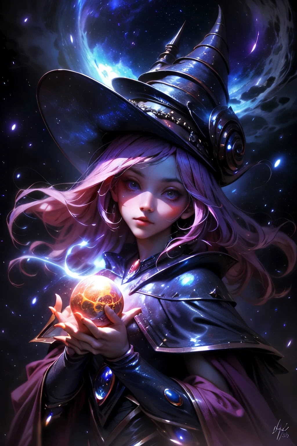 Giles magos oscuros. magos oscuros. ojos azules. cabello rubio. labios rojos. Detailed Features.., cosmic colors, ethereal lighting, Pintura surrealista, high resolution, otherworldly atmosphere, Seres celestiales. Hermosa diosa