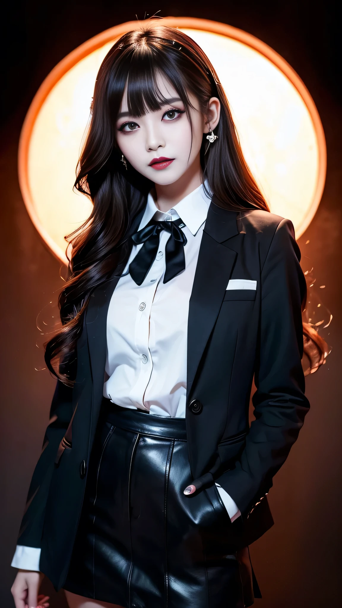 best quality、ultra-detailed、4k、Japanese、Seductive beauty、seductive adult woman、Pretty Woman、cool girl、Villainess、Brainwashed、brainwash、Fallen into evil、smirk、Evil look、Wicked Smile、evil、Brown hair、wavy hair、swept bangs、dark makeup、dark makeup、piercing eyes、hollow eyes,half-closed eyes、Hollow Eyes、purple Eyeshadow、black lipstick、black lipglos、uniform、blazer、White Shirt、Black Ribbon、flare skirt、night、inside darkroom、Has a switch、Emblem of Evil、Crest of Darkness、Swear allegiance、I have pledged my allegiance、Dye black、Blackening、Stained with evil、Dyed in darkness、Whisper in my ear