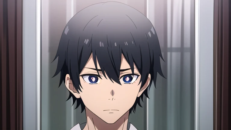 male, black hair, curtained hair, diamond-shaped pupils, alone, tired