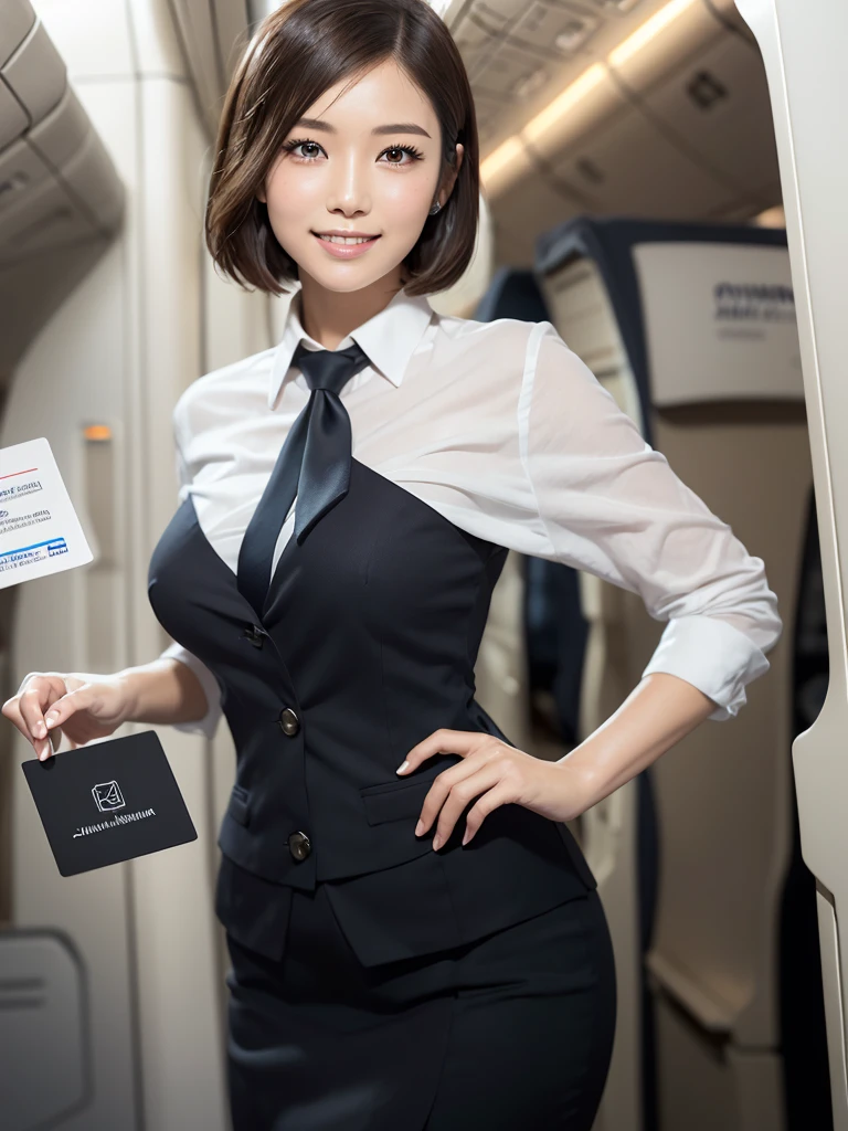 (masterpiece:1.3), High resolution, Super detailed, Highly detailed CG Unity 8k wallpaper, Realistic, photo-Realistic, RAW Photos, Beautifully detailed face, Pale skin, Realistic skin, Detailed cloth texture, Detailed hair texture, Perfect Proportions, Beautiful Face, Accurate, Anatomically correct, Highly detailed face and skin texture, Natural neck length, (Beautiful Hands), (Fair skin:1.2), Thin legs, Thin legs, Sexy thighs,
break,
Fine grain, Symmetrical eyes, Light brown eyes, double eyelid, Thin eyebrows, (Glossy Lips:1.4), (Captivating smile:1.2), ((blink one eye:1.2)),
break,
(Classy and cute girl:1.3), (Wearing the elegant flight attendant uniform of Japan Airlines:1.2),
(Huge breasts:1.3), (Slim figure), (Beautiful curves),
(Dark brown hair, Wavy Hair), ((short hair, Asymmetrical bangs:1.2)), (Upper Body Shot:1.2), (Raise your gaze:1.2), ((from the front, From below:1.2)),
break,
((Stand at the entrance of the plane with a business card:1.3)), (Okinawa Naha Airport: 1.2),