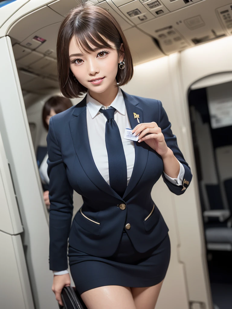 (masterpiece:1.3), High resolution, Super detailed, Highly detailed CG Unity 8k wallpaper, Realistic, photo-Realistic, RAW Photos, Beautifully detailed face, Pale skin, Realistic skin, Detailed cloth texture, Detailed hair texture, Perfect Proportions, Beautiful Face, Accurate, Anatomically correct, Highly detailed face and skin texture, Natural neck length, (Beautiful Hands), (Fair skin:1.2), Thin legs, Thin legs, Sexy thighs,
break,
Fine grain, Symmetrical eyes, Light brown eyes, double eyelid, Thin eyebrows, (Glossy Lips:1.4), (Captivating smile:1.2), ((blink one eye:1.2)),
break,
(Classy and cute girl:1.3), (Wearing the elegant flight attendant uniform of Japan Airlines:1.2),
(Huge breasts:1.3), (Slim figure), (Beautiful curves),
(Dark brown hair, Wavy Hair), ((short hair, Asymmetrical bangs:1.2)), (Upper Body Shot:1.2), (Raise your gaze:1.2), ((from the front, From below:1.2)),
break,
((Stand at the entrance of the plane with a business card:1.3)), (Okinawa Naha Airport: 1.2),